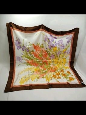 Christian Dior Scarf 100% Silk Beautiful Floral Square Scarf with Brown Border